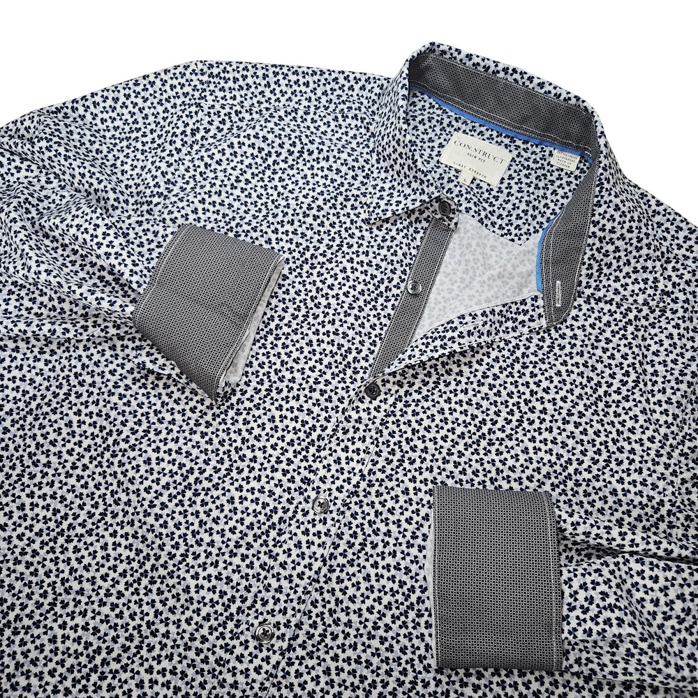 CON.STRUCT Flip Cuff Shirt Men L Blue Floral Slim Fit‎ Stretch Preppy Dress Work
